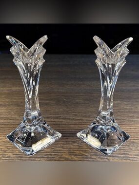 Pair Of Vintage Mikasa Deco Fine Lead Crystal Candlestick Holders 5” EUC